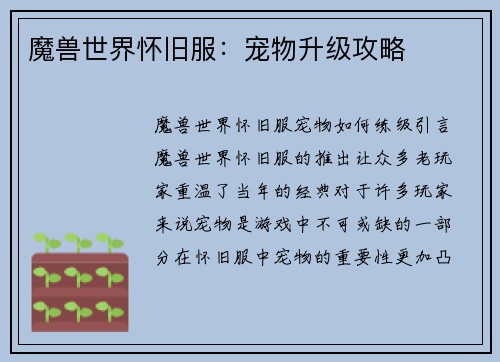 魔兽世界怀旧服：宠物升级攻略